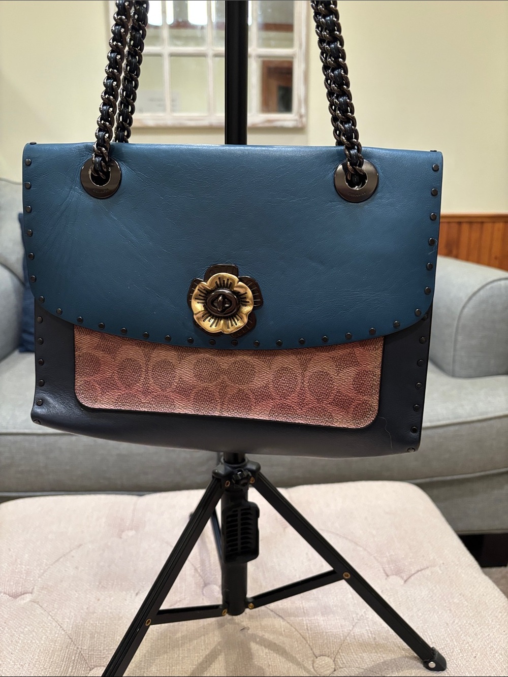Coach Teal Leather & Pink Signature Canvas Shoulder Bag
